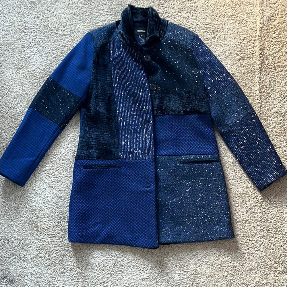Desigual Blue / Black Coat with Textured Design